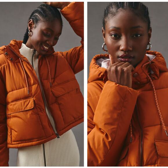 ANTHROPOLOGIE x PILCRO Cropped Hooded Puffer Jacket Dark Orange Sz M - Picture 2 of 7